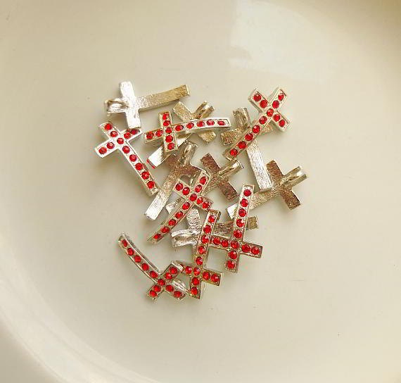 5 Rhinestone Cross Pendant Charm Silver Red 28mm x 17mm - 5 rhinestone cross charm or pendant