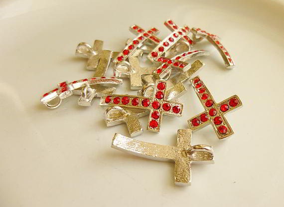 5 Rhinestone Cross Pendant Charm Silver Red 28mm x 17mm - 5 rhinestone cross charm or pendant