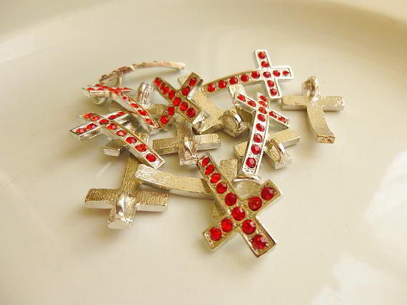 5 Rhinestone Cross Pendant Charm Silver Red 28mm x 17mm - 5 rhinestone cross charm or pendant