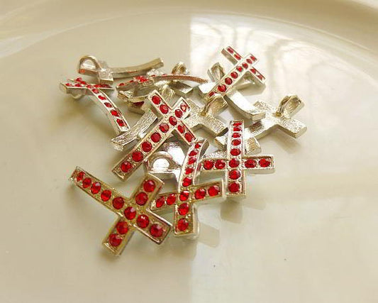 5 Rhinestone Cross Pendant Charm Silver Red 28mm x 17mm - 5 rhinestone cross charm or pendant