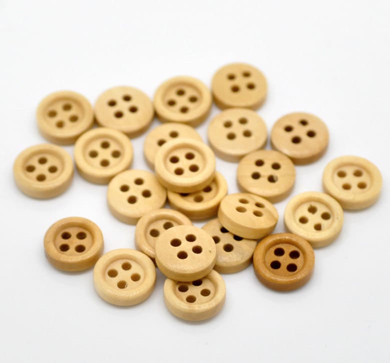 100 Natural Light Brown Wooden Buttons - 11mm or 13mm - 4 Hole - Wood Button