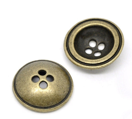 5 Antiqued Bronze Metal Buttons - 17mm - Dome Shaped - 4 Hole - Metal Bronze Button