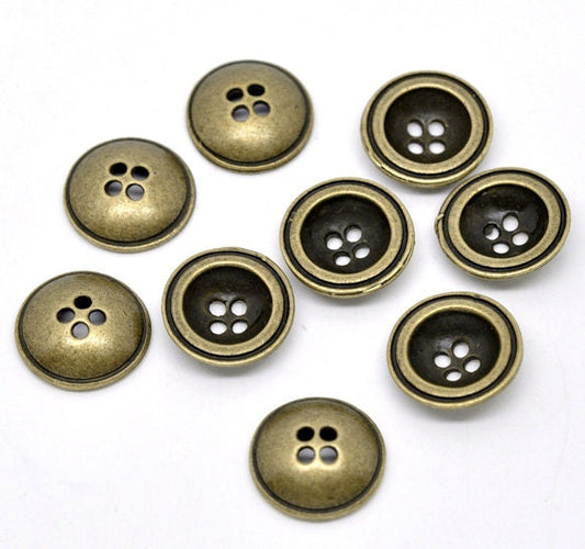 5 Antiqued Bronze Metal Buttons - 17mm - Dome Shaped - 4 Hole - Metal Bronze Button