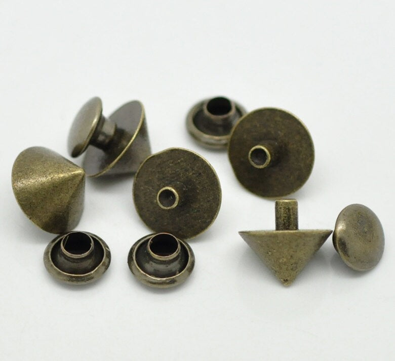 10 Antique Bronze Rivet Stud Spikes - Jean Tack - Jean Buttons - 10mm x 9mm - Metal - Screw On - Rivets Studs Spike