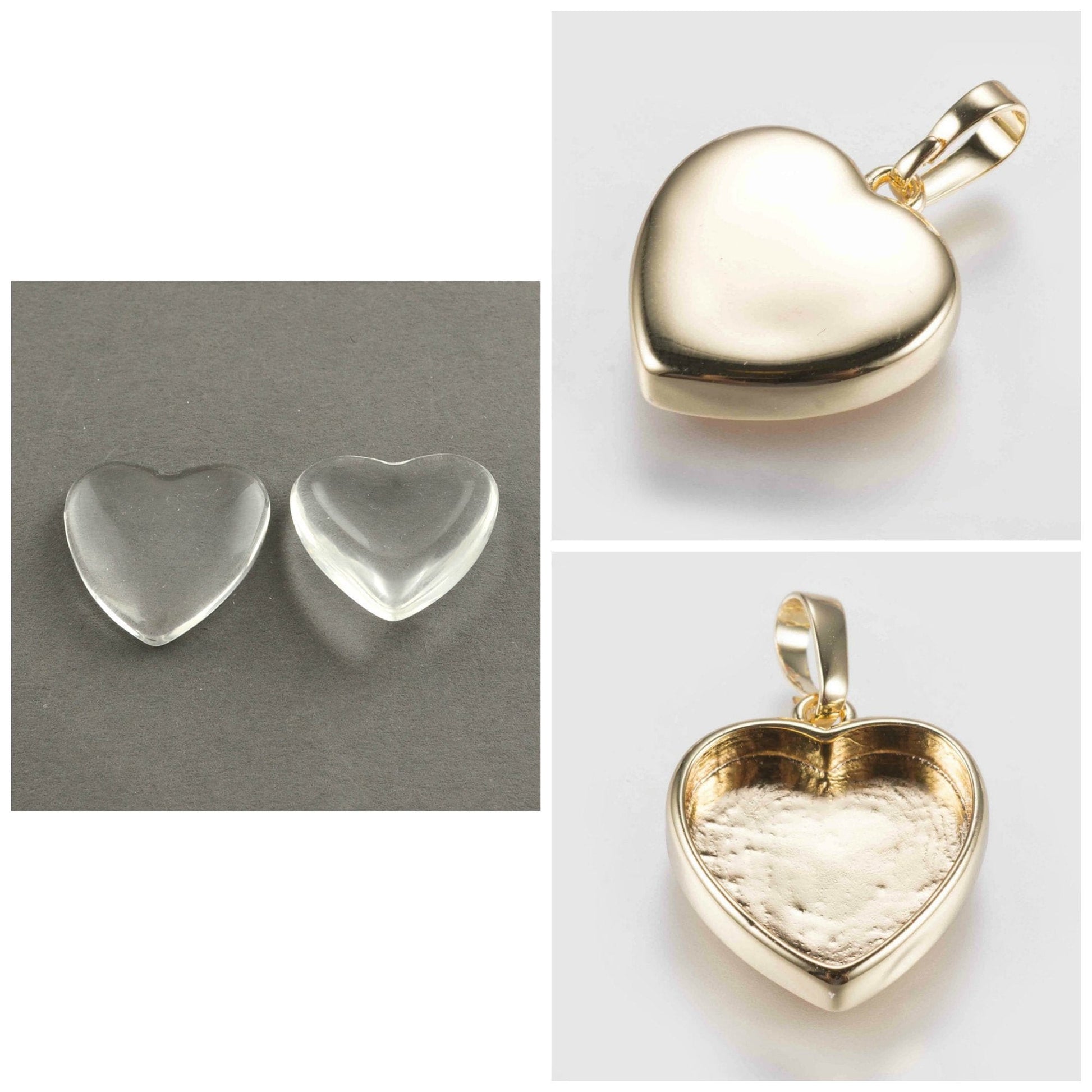 5 pendant bezel tray sets - clear glass heart cabochon - gold, silver, rose gold - 17x15x3.5mm, tray: 12mm x13mm - lead nickel free