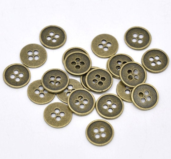 10 antiqued bronze metal buttons charm pendant - 15mm - 4 hole - metal bronze button