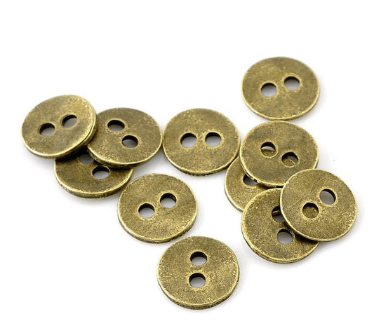 25 antique bronze metal button - 2 holes - 11mm (3/8") - sewing metal buttons