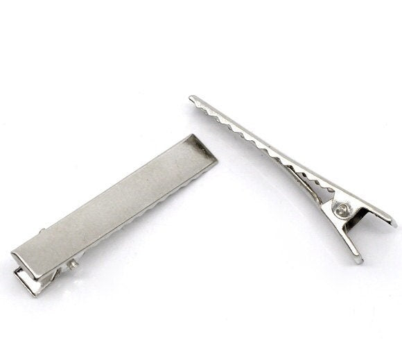 100 alligator hair clips with teeth - single prong - silver - 46mm x 8mm - hair clip accessories - silver hair clip (10403)