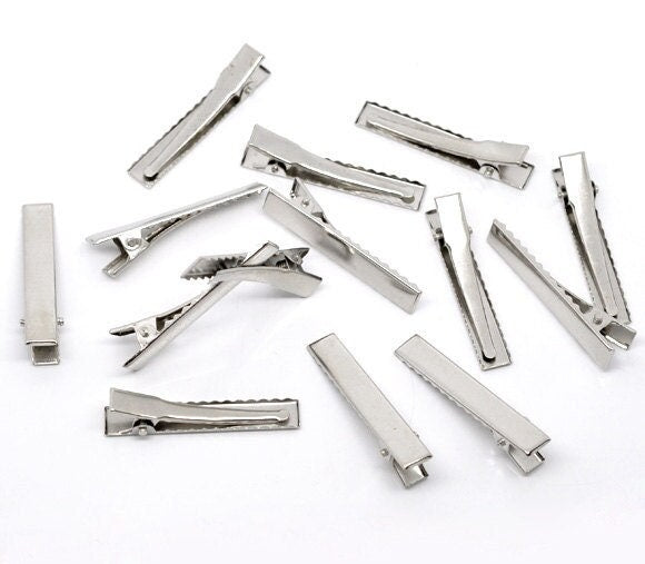 100 alligator hair clips with teeth - single prong - silver - 46mm x 8mm - hair clip accessories - silver hair clip (10403)