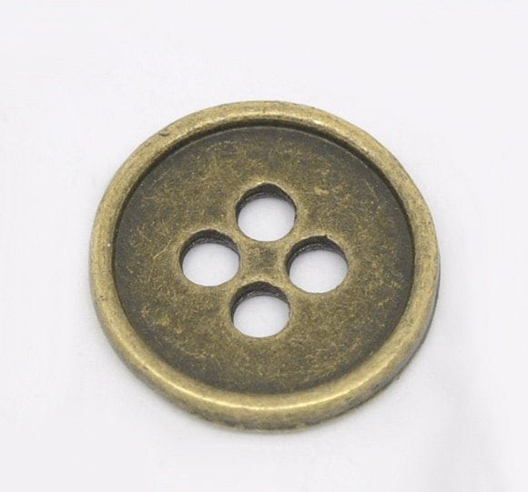 10 antiqued bronze metal buttons charm pendant - 15mm - 4 hole - metal bronze button