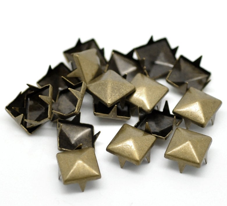 25 Antique Bronze Cone Rivet Stud Spikes - 9mm (3/8") - Square Pyramid - Metal - 4 Legs - Rivets Studs Spike (B18723)