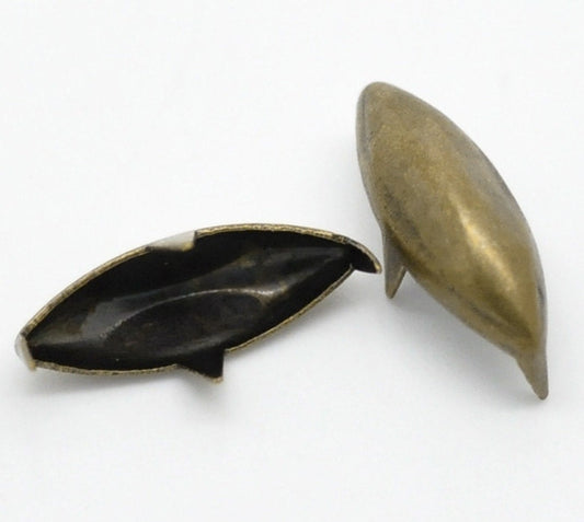 25 Antique Bronze Pointed Oval Rivet Stud Spikes -14mm x 5mm (1/2"x1/4") - Metal - 4 Legs - Rivets Studs Spike (B18729)