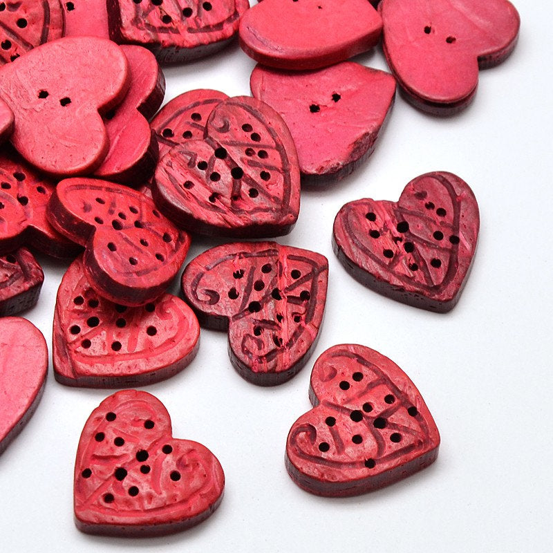 Heart Shaped Buttons - Carved Coconut Wood - Dark Pink, Fushia - 22~23mm wide, 20~21mm long - Christmas or Valentines Day - 2 Hole (30B)