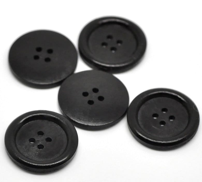 5 black wooden buttons - 30mm (approx. 1 1/8" inch) - rim - 4 hole - wood button (b19500)