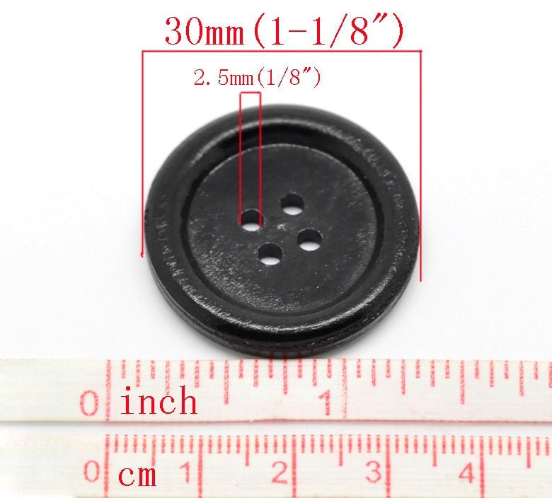 5 black wooden buttons - 30mm (approx. 1 1/8" inch) - rim - 4 hole - wood button (b19500)