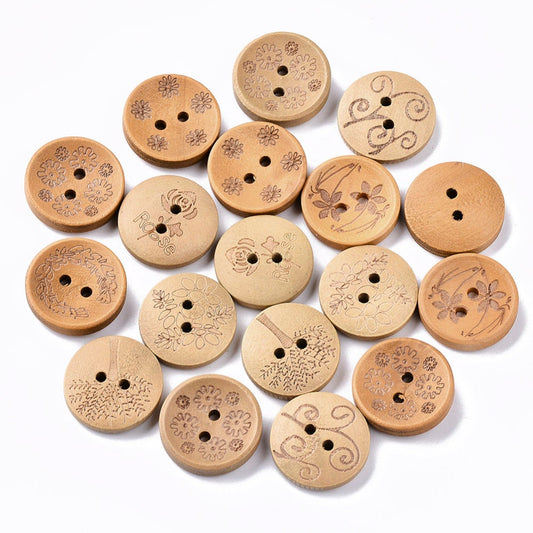 Bulk Mixed Wooden Buttons - 20mm (Approx. 3/4 Inch) - 2 Hole - Assorted Designs at Random (020)