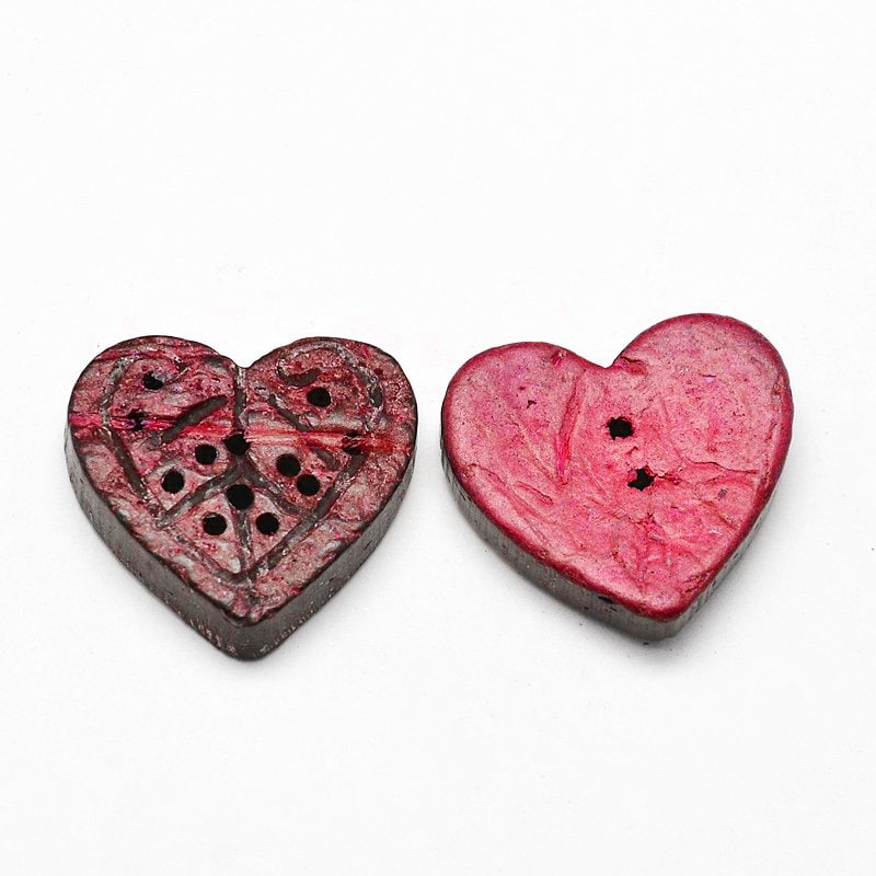 Heart Shaped Buttons - Carved Coconut Wood - Dark Pink, Fushia - 22~23mm wide, 20~21mm long - Christmas or Valentines Day - 2 Hole (30B)