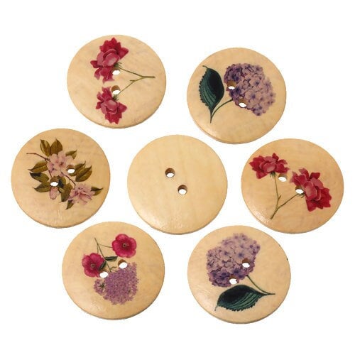 Flower Design Wooden Buttons - Natural Background - 30mm - 2 Hole - Wood Button (057)