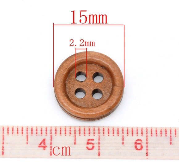 10 Medium Brown Wooden Buttons - 15mm - 4 Hole - Wood Button (B10382)