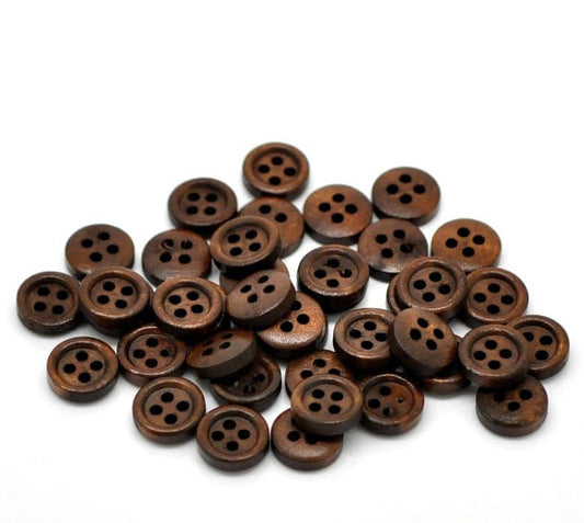 100 dark brown wooden buttons - 11mm - 4 hole - wood button (b20326)