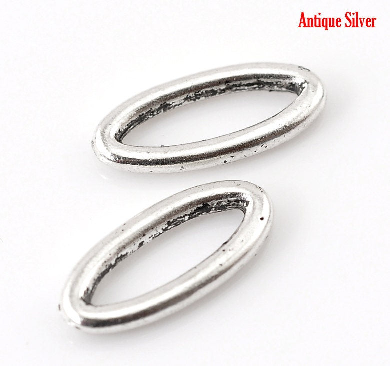 10 Antique Silver Oval Connector Charms - 16mm x 7mm ( 5/8" x 2/8") - Silver Connectors (B21717)