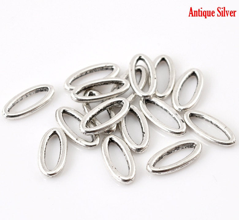 10 Antique Silver Oval Connector Charms - 16mm x 7mm ( 5/8" x 2/8") - Silver Connectors (B21717)