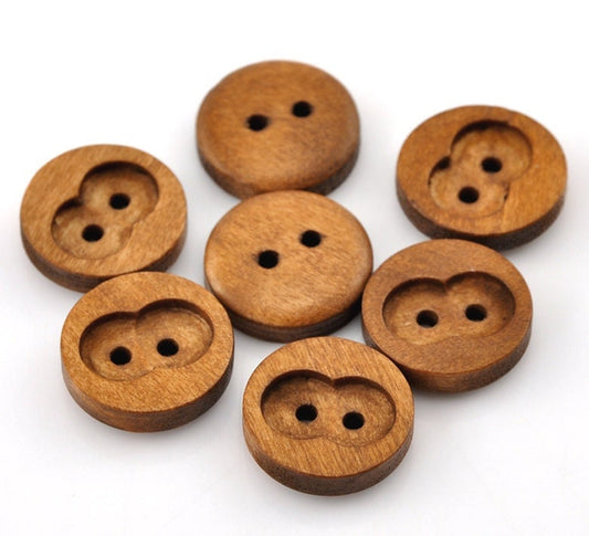 8 brown wooden buttons - 15mm (5/8 inch) - 2 hole - wood button