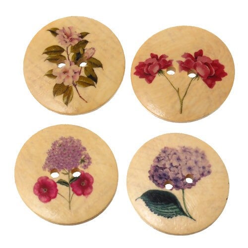 Flower Design Wooden Buttons - Natural Background - 30mm - 2 Hole - Wood Button (057)