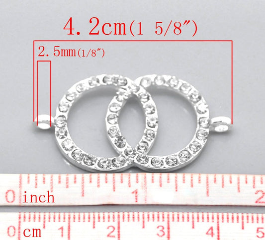 2 Rhinestone Double Dual Ring Connector Charm - Silver Finish - Crystal Rhinestones - 4.2cm x 2.2cm (1 5/8"x7/8") (20858)