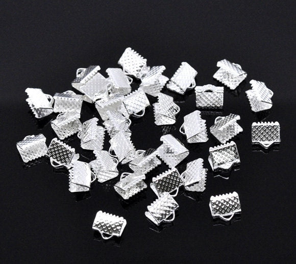 50 Silver End Cap Crimp Beads - 8mm x 8mm - Silver Ribbon End - Lead Nickel Free (12661)