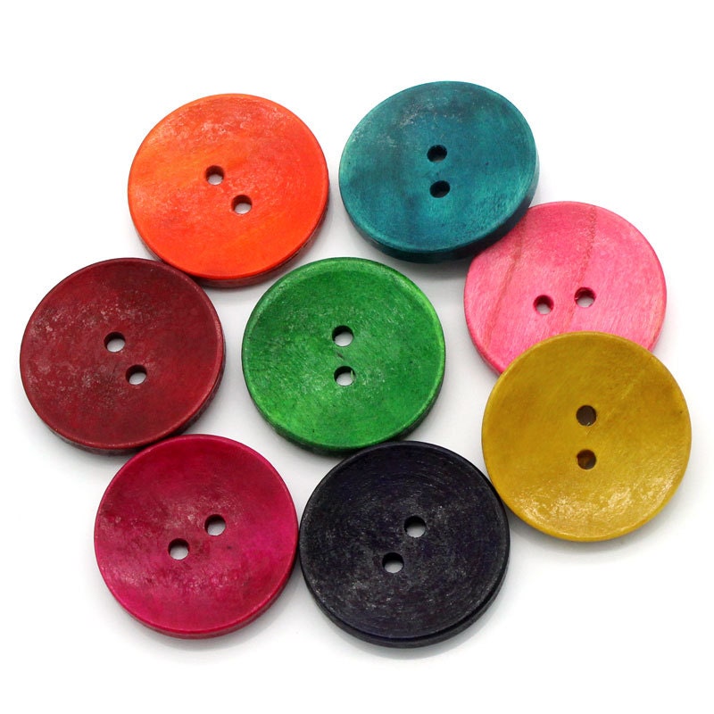 1 inch Mixed Color Wooden Buttons - 25mm (1 inch)- Mixed Colors - 2 Hole - Mixed Wood Button (B0251693)