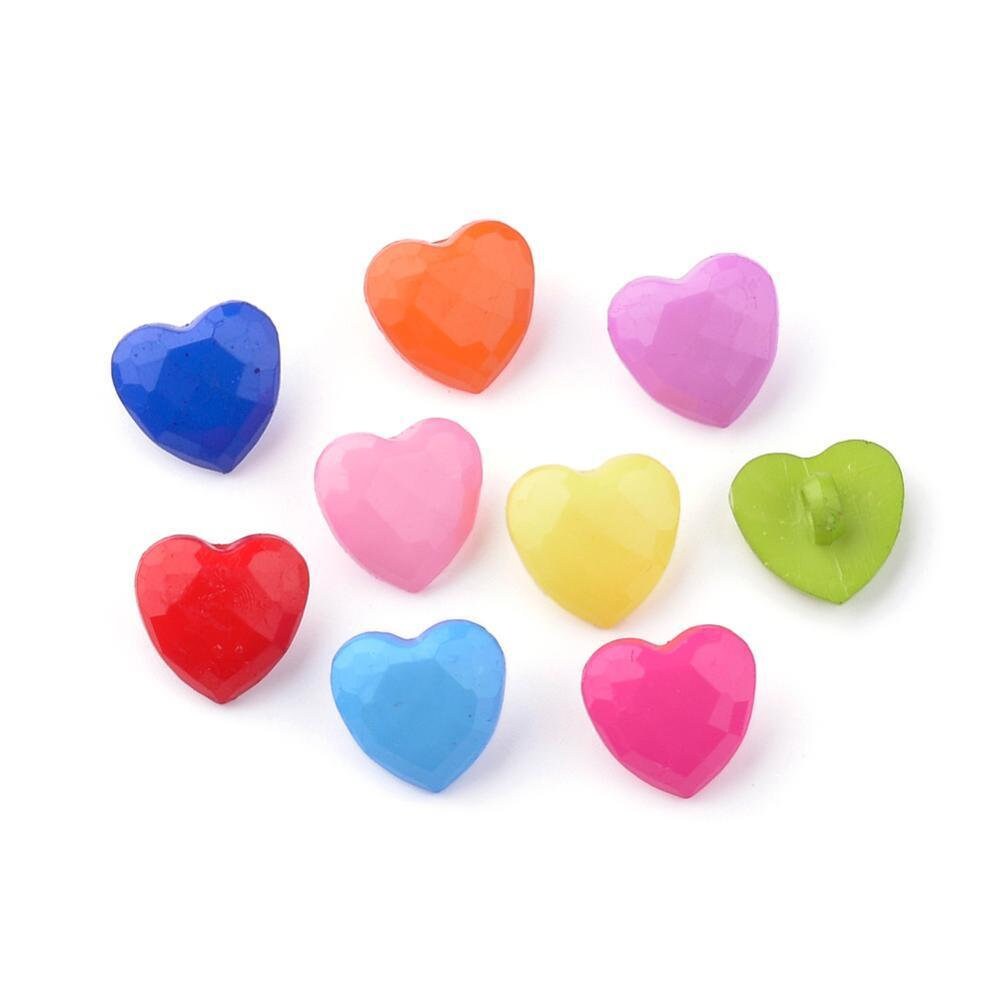 Heart Buttons - Acrylic Resin Shank Buttons 13mm X 14mm - Mixed Colors - Heart Plastic Button (52)