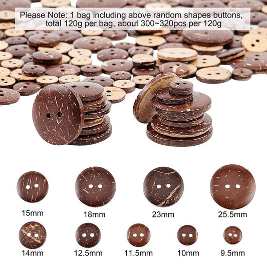 Coconut Shell Wooden Buttons - 300 Pieces - Random Sizes - 2 Hole - Wood Buttons - Coconut Wood (32)