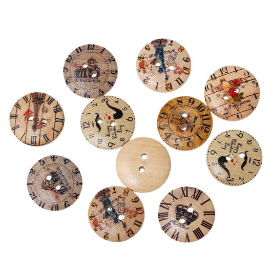 10 Mixed Wooden Buttons - Clock Designs - 20mm (3/4 Inch) - 2 Hole - Assorted Mixed Watch Design Wood Button (52154)