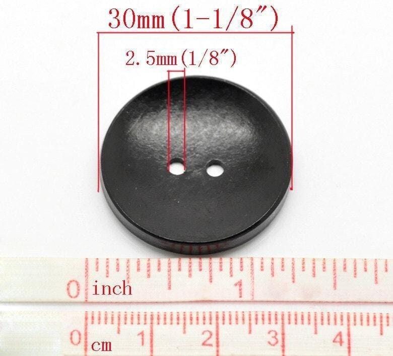 5 Black Wooden Buttons - 30mm (approx. 1 1/8" Inch) - 2 Hole - Wood Button (b19489)