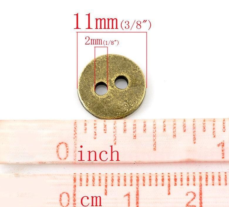 10 Antique Bronze Metal Button - 2 Holes - 11mm (3/8") - Sewing Metal Buttons B21652