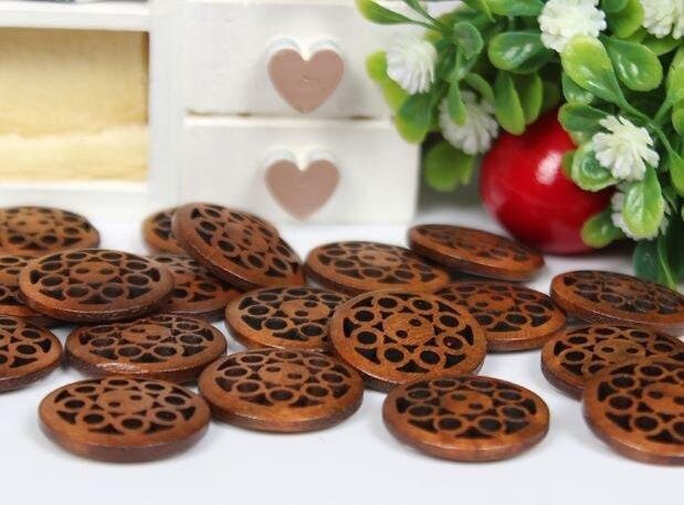 Brown Carved Wooden Buttons - 20mm (approx. 3/4 Inch) - 2 Hole - Brown Wood Button (butt-drkbrn-wd-crvd-20mm))