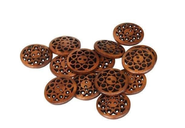 Brown Carved Wooden Buttons - 20mm (approx. 3/4 Inch) - 2 Hole - Brown Wood Button (butt-drkbrn-wd-crvd-20mm))