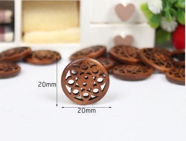 Brown Carved Wooden Buttons - 20mm (approx. 3/4 Inch) - 2 Hole - Brown Wood Button (butt-drkbrn-wd-crvd-20mm))