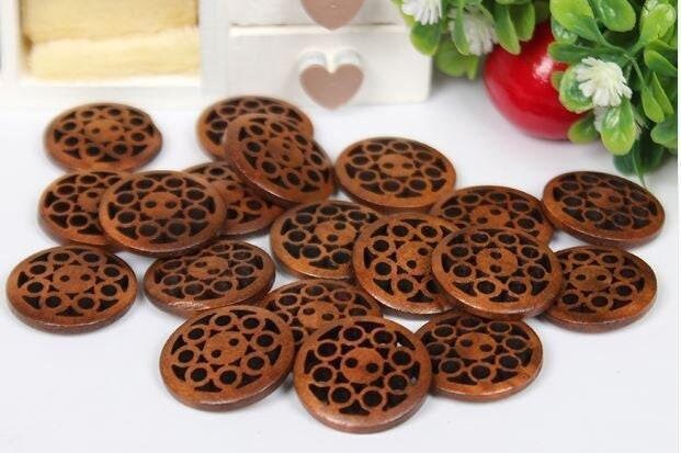 Brown Carved Wooden Buttons - 20mm (approx. 3/4 Inch) - 2 Hole - Brown Wood Button (butt-drkbrn-wd-crvd-20mm))