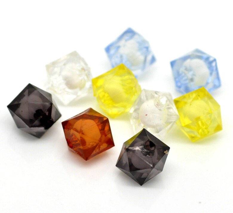 50 Faceted Acrylic Cube Beads - 10mm (3/8") - Mixed Colors (19740)