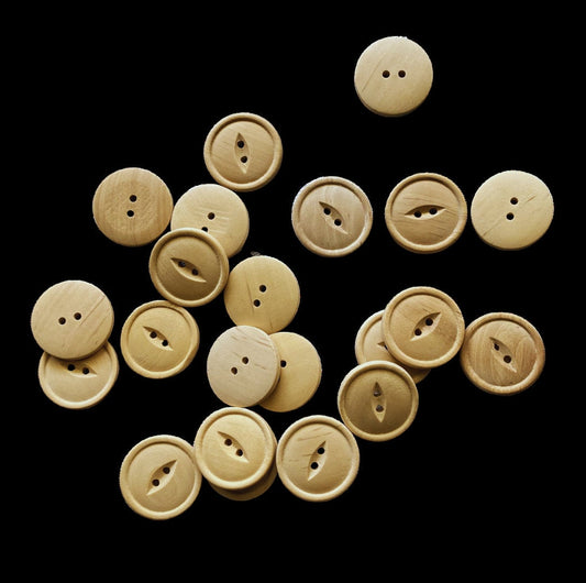 Natural Wooden Buttons - 25mm (1 Inch) - 2 Hole - Fish Eye Design - Natural Finish Wood Button (83)