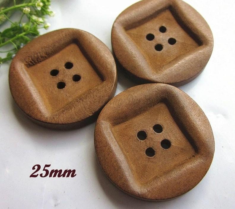 Brown Wooden Buttons - 25mm (1 Inch) - 4 Holes - Carved Square Middle - Round Sewing Wood Buttons (butt-brn-25mm-square Mid-a-p)