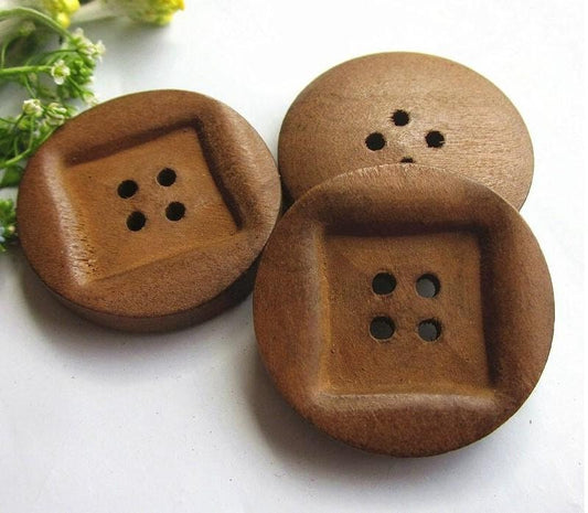 Brown Wooden Buttons - 25mm (1 Inch) - 4 Holes - Carved Square Middle - Round Sewing Wood Buttons (butt-brn-25mm-square Mid-a-p)