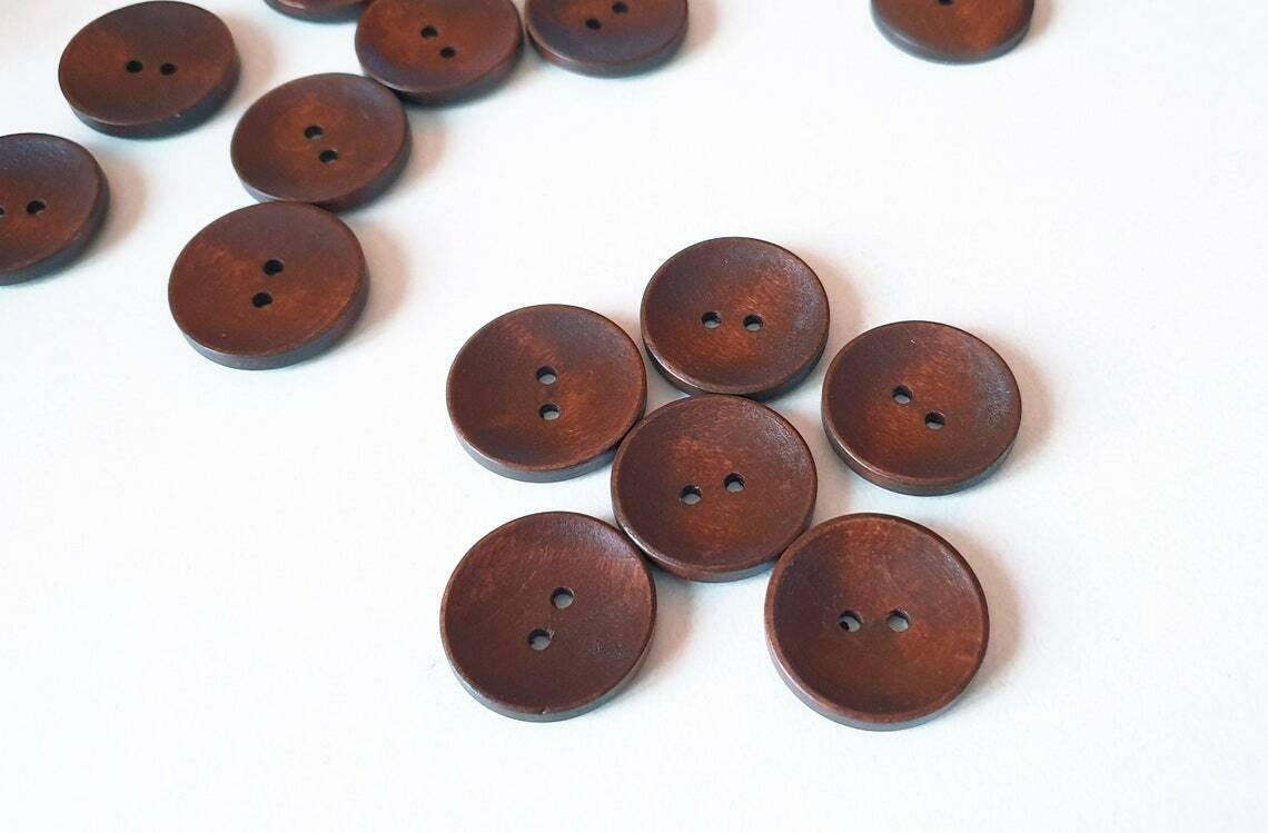 5 brown wooden buttons - 25mm (1 inch) - 2 holes - round sewing wood buttons 25mm