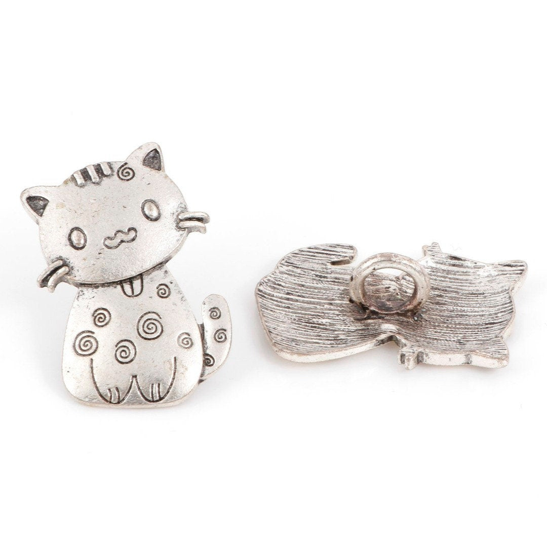 Silver Cat Buttons | Metal Shank Button | Kitty Buttons | Large 38mm Buttons (079)