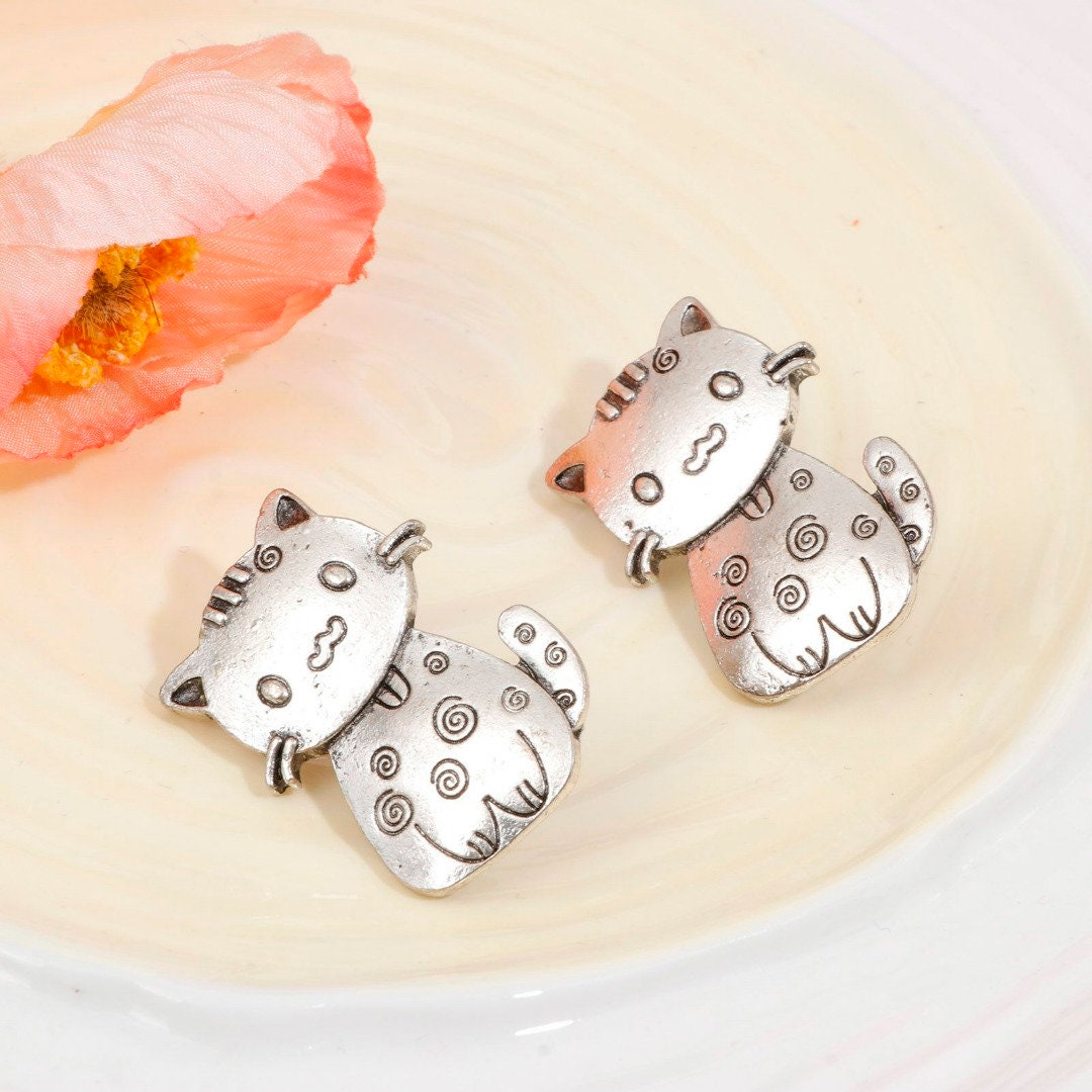 Silver Cat Buttons | Metal Shank Button | Kitty Buttons | Large 38mm Buttons (079)