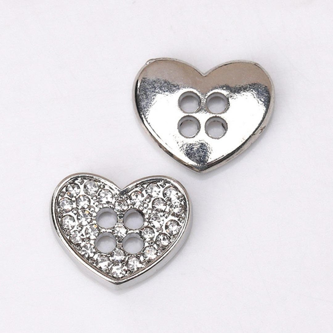 Silver Heart Buttons With Rhinestones - 12mm X 10mm - 2 Hole - Mini Silver Heart Button (220)