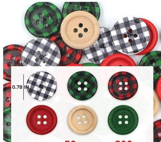 Christmas Holiday Buttons - Assorted - Red, Green, Black, Natural - Holiday Wood Button- Christmas Wooden Buttons (christmas-assorted-t-p)