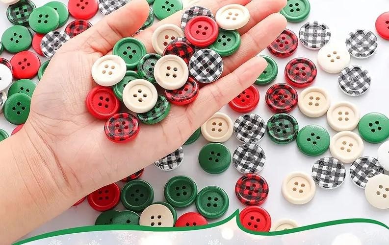 Christmas Holiday Buttons - Assorted - Red, Green, Black, Natural - Holiday Wood Button- Christmas Wooden Buttons (christmas-assorted-t-p)